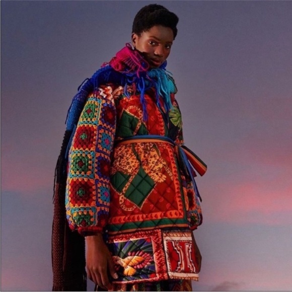 Farm Rio Patchwork Tapestry Crochet Puffer Jacket - Picture 3 of 13